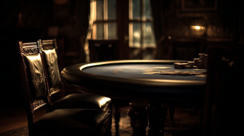 Interior de cassino elegante com roleta e mesas de jogos